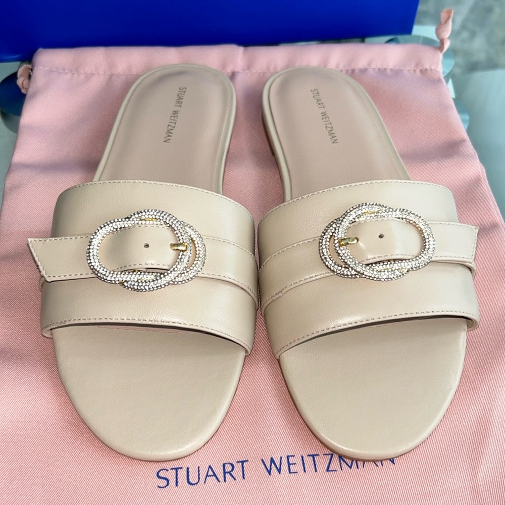 STUART WEITZMAN 
Crystal Buckle Leather Slide - Beige